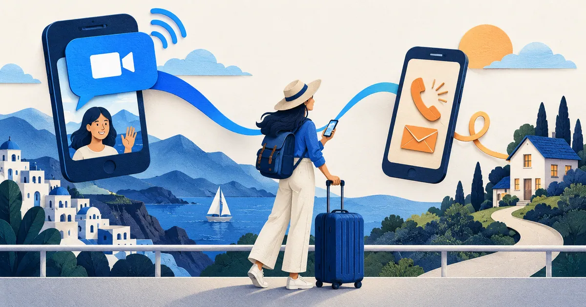 Two phones with internet message and telephone symbols beside a suitcase