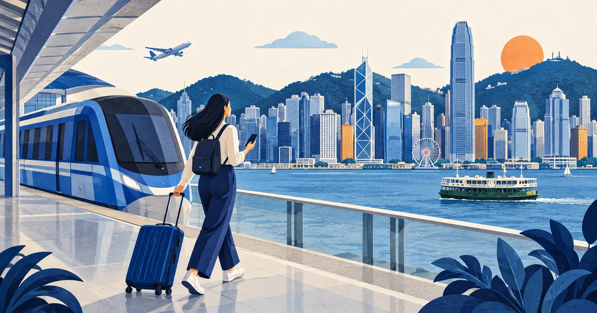 Traveller and airport train beside a stylized Hong Kong harbour skyline