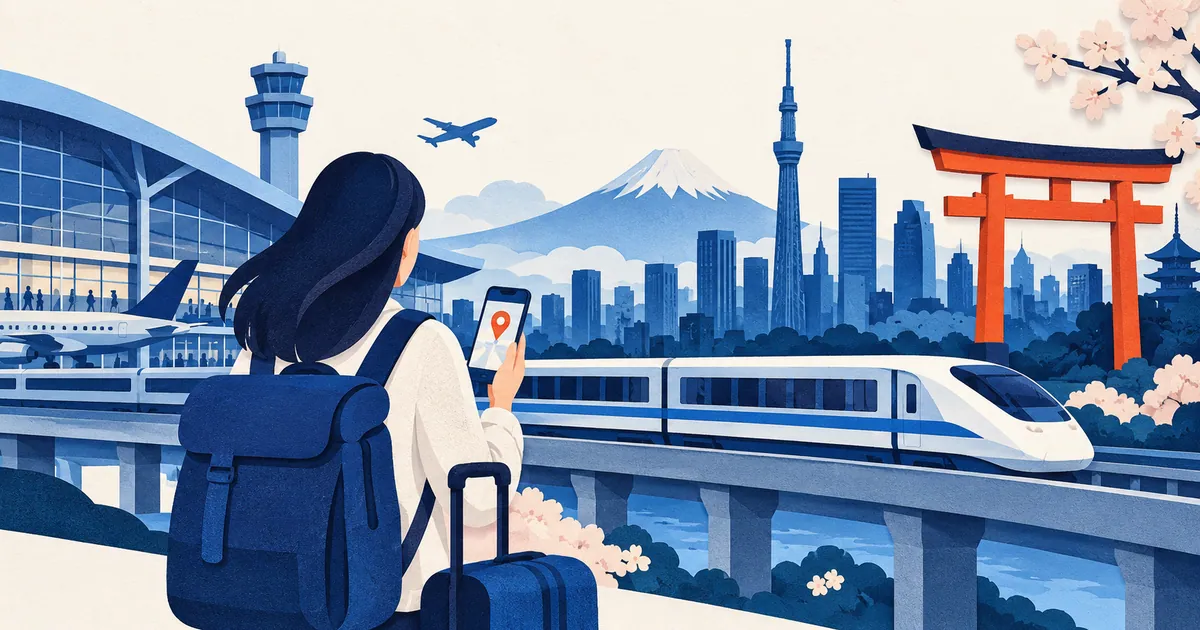 Illustration of a traveller, airport train and Tokyo skyline