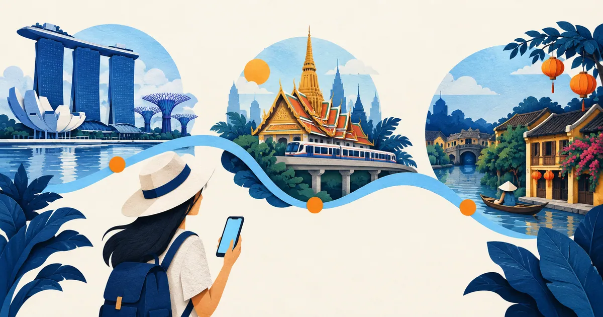Singapore, Bangkok and Vietnam city vignettes linked by a travel ribbon