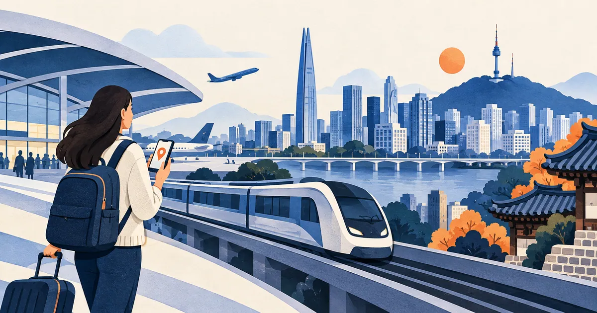 Traveller and airport train in front of a stylized Seoul skyline