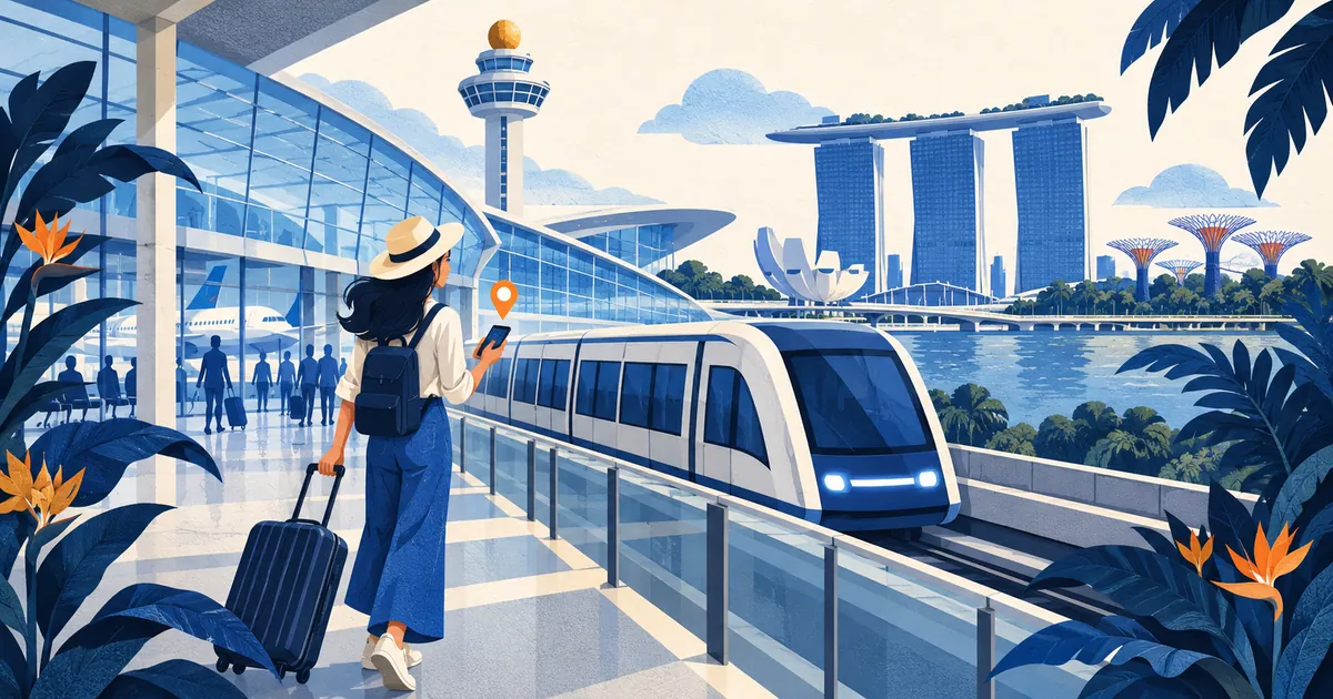 Traveller and airport train against a stylized Singapore skyline