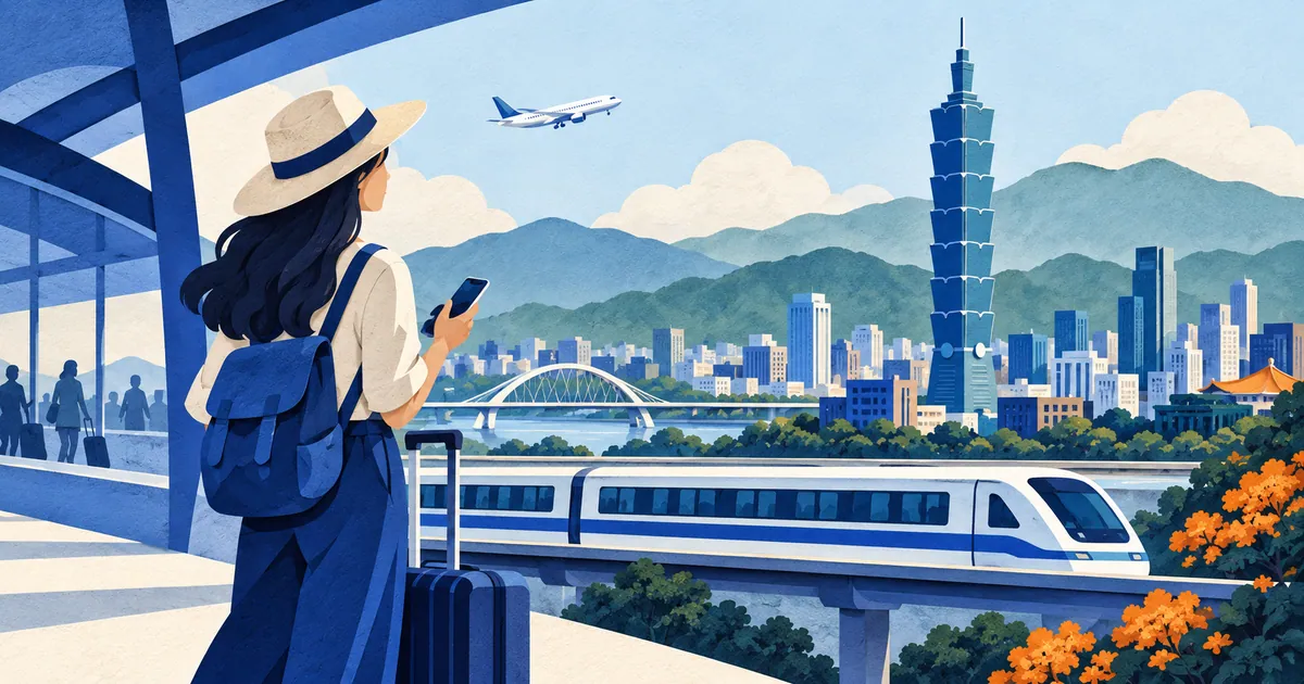 Traveller and airport train beneath a stylized Taipei skyline and mountains