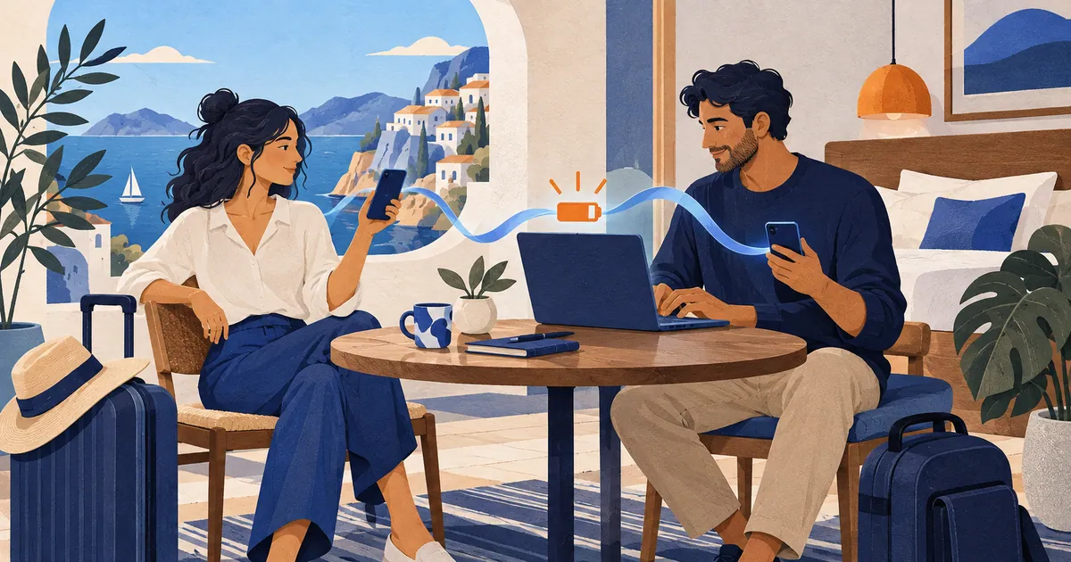 A phone sharing a connection with a laptop and another traveller's phone