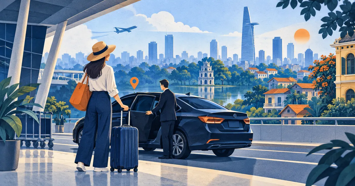 Traveller meeting an airport pickup car with Vietnamese city rooftops behind